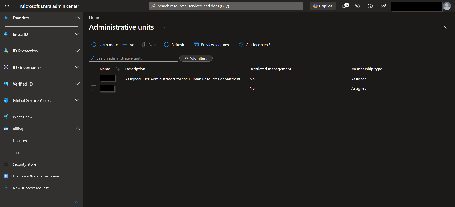 Microsoft Entra ID Administrative Units overview screen with two units listed.