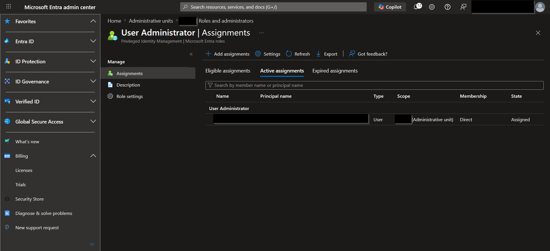 Administrative Unit role assignment pane showing scoped permissions.