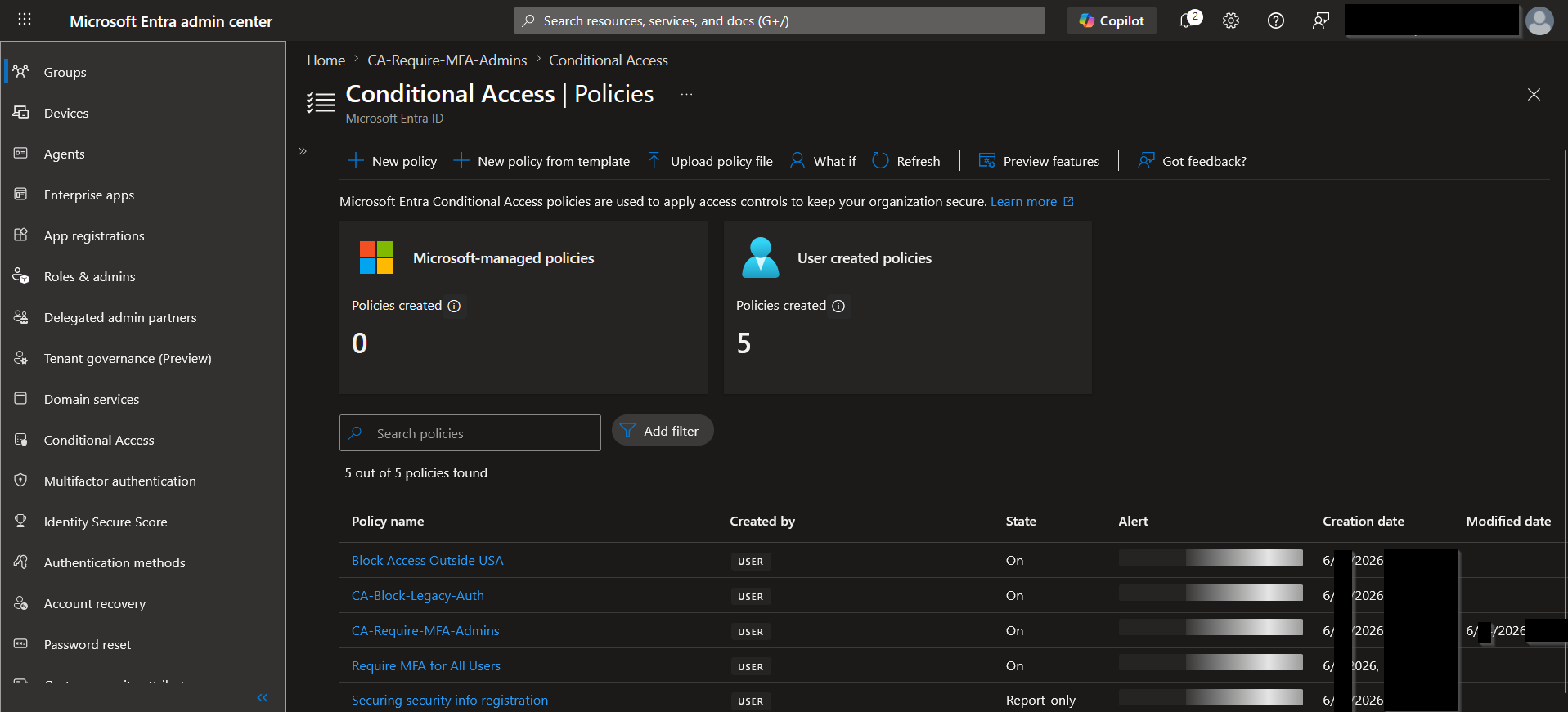 Conditional Access policy overview list showing multiple configured policies.