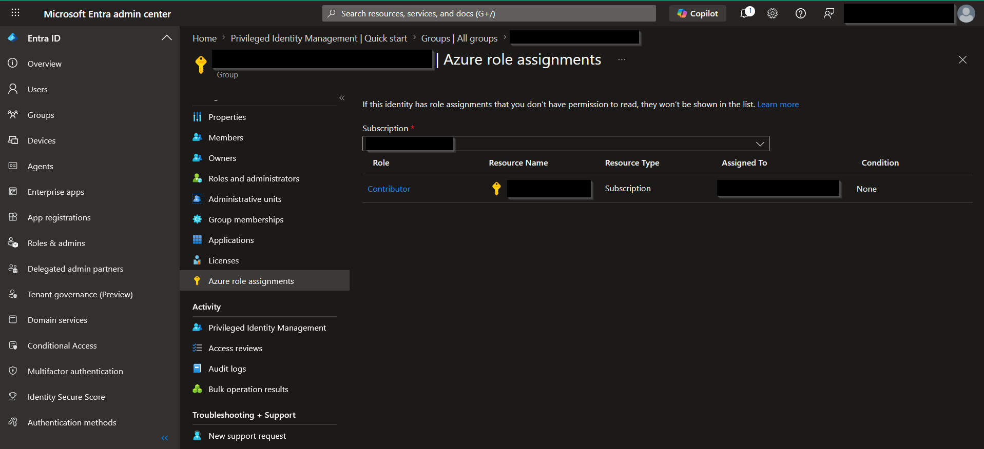 Azure IAM role assignment list showing Contributor permissions.