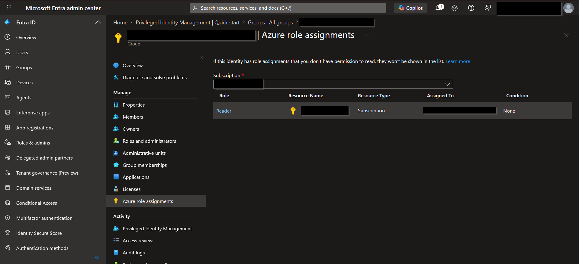 Azure IAM role assignment list showing Reader permissions.