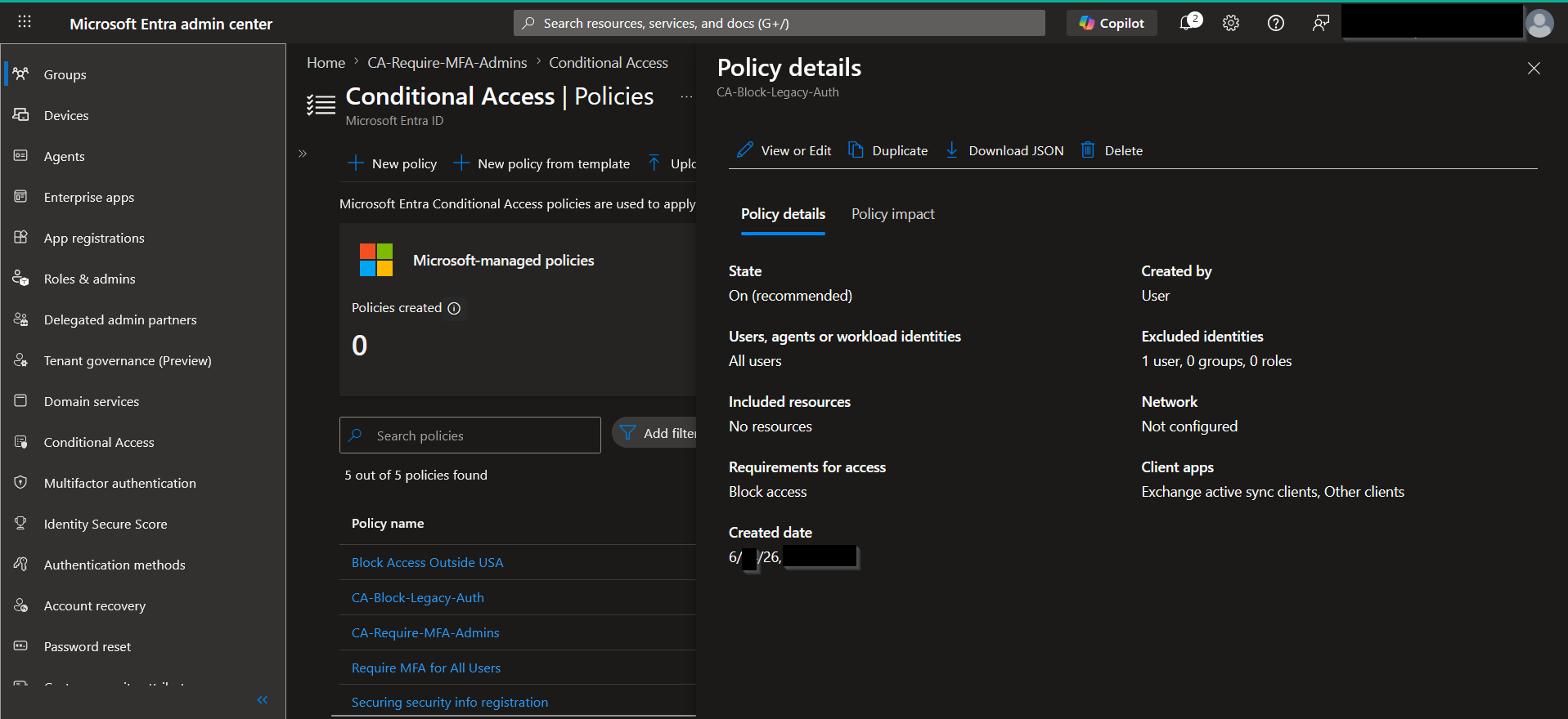 Conditional Access policy details pane for blocking legacy authentication clients.