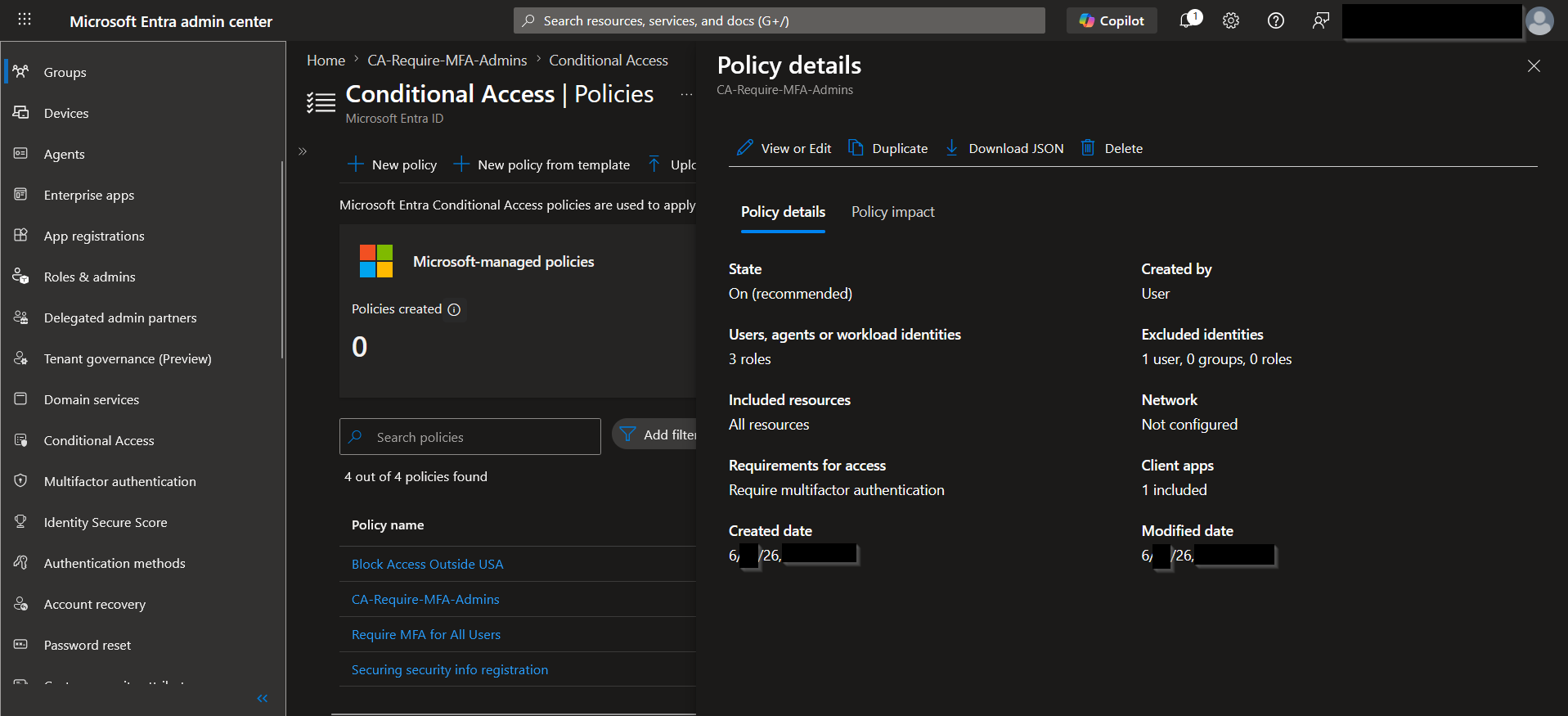 Conditional Access policy details pane for MFA requirement on admin roles.