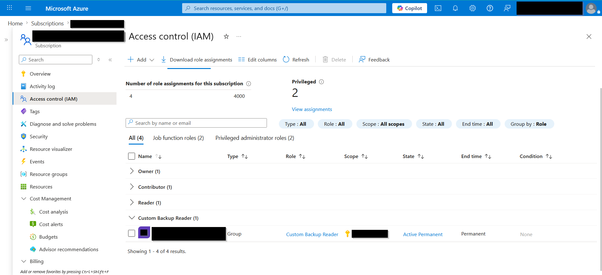 Azure portal IAM screen showing custom role assignment to security group.