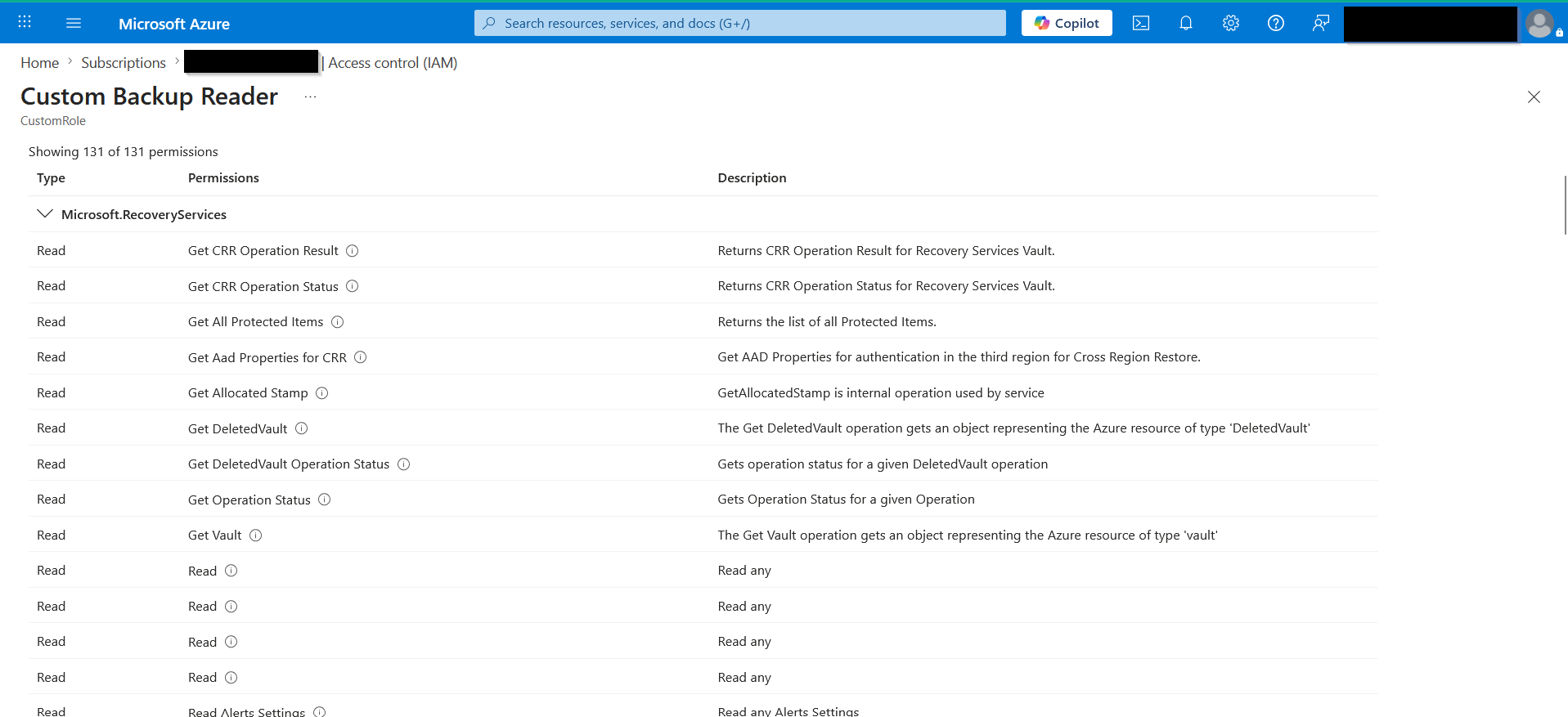 Custom role definition pane showing read‑only permissions for Recovery Services.