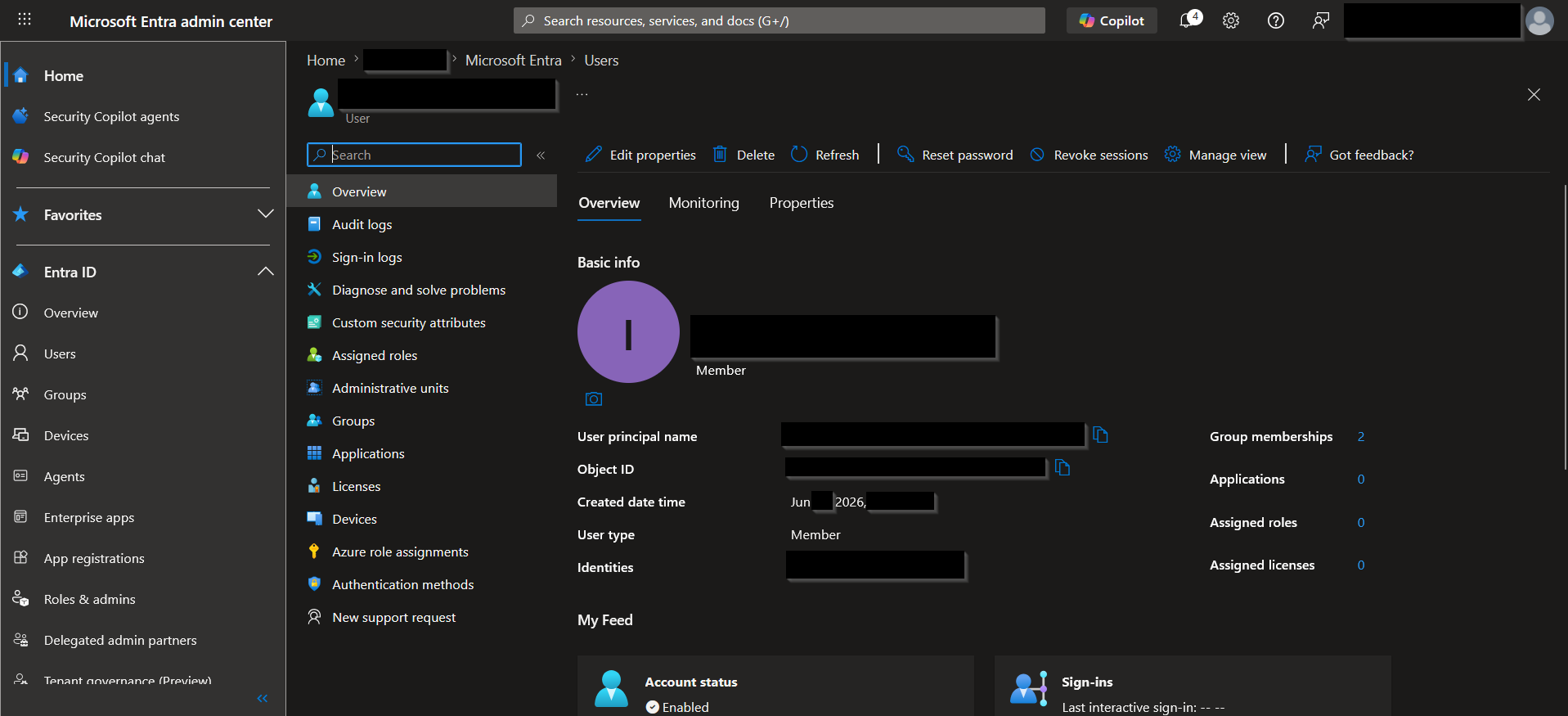 User profile pane in Entra ID displaying identity details and properties.