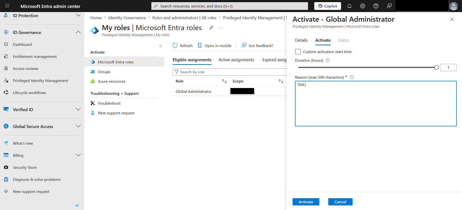 Privileged Identity Management activation dialog for Global Administrator role.