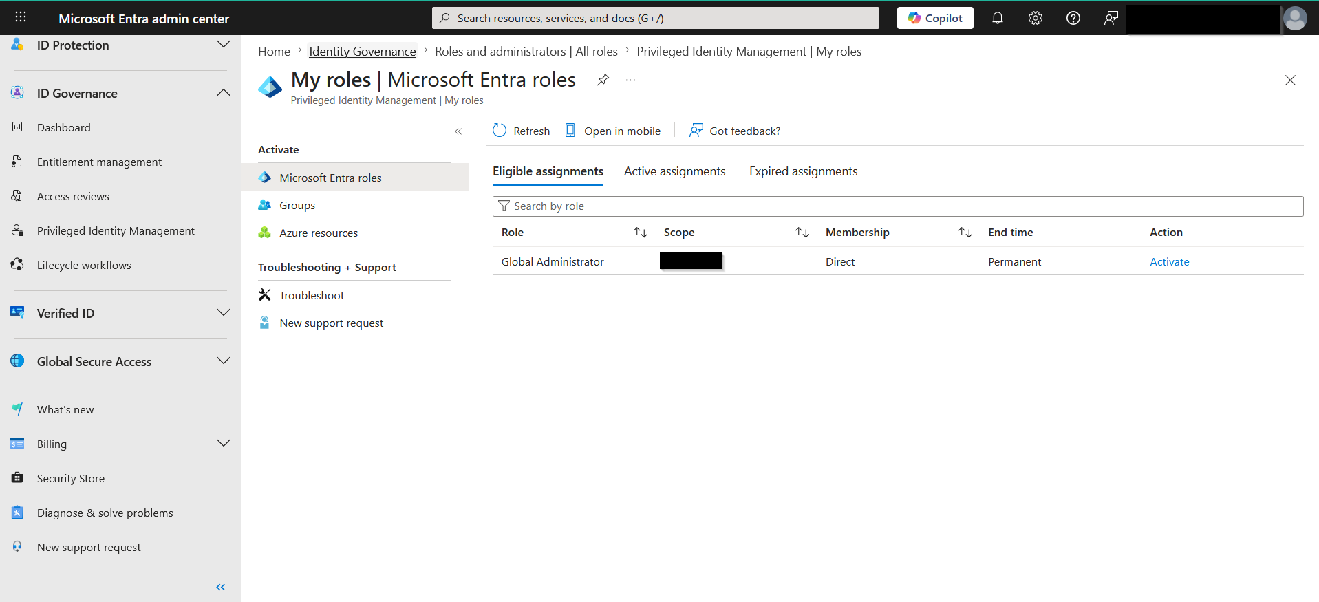 Privileged Identity Management eligible assignment screen for Global Administrator.
