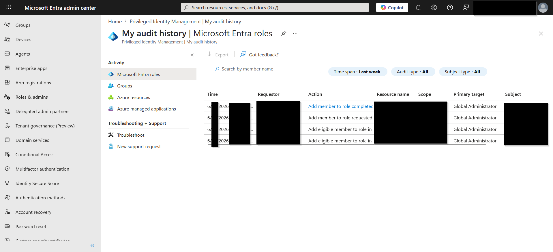 Microsoft Entra ID PIM audit log history showing role activation entries.
