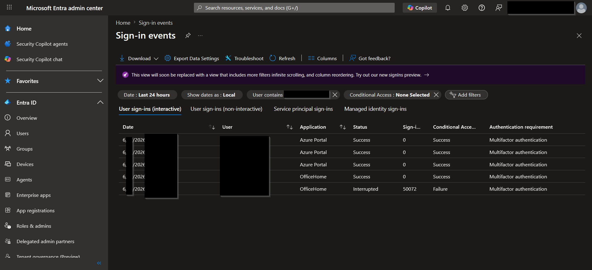 Azure Entra ID sign‑in logs table filtered by user and Conditional Access status.